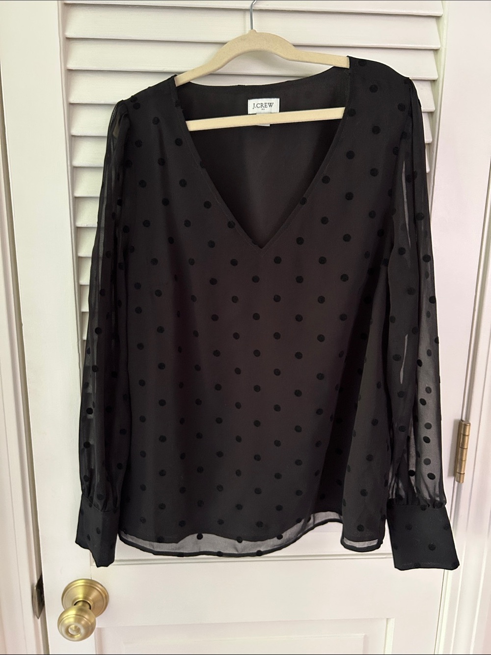 J. Crew Black Polka Dot V-Neck Sheer Sleeve Blouse